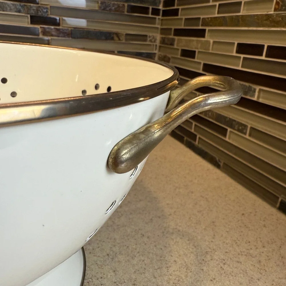 Vintage Enamel Fruit Colander White‎ Pedestal Strainer Brass Handles Cottagecore